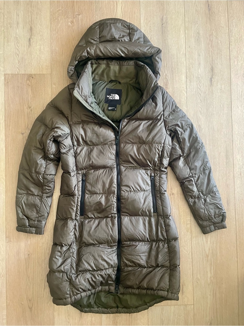 The North Face Women's Olive Green Long Puffer Coat with Hood
